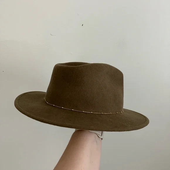 Van Palma by Anthropologie Wool Felt Gold Beaded Brown Fedora Hat Womens - Picture 2 of 6